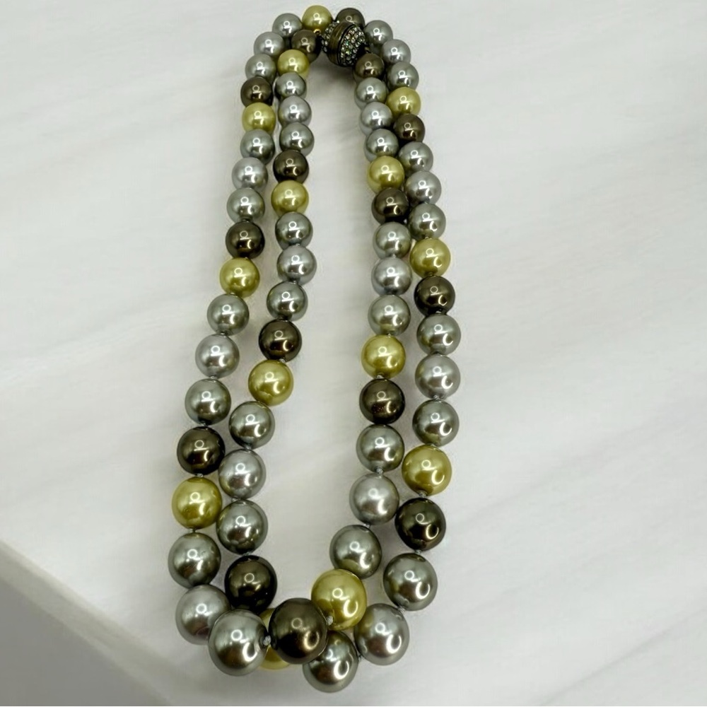 Heidi Daus Faux Pearl Necklace 36” — Multi-Tone Double Strand w Pave Screw Clasp - Picture 5 of 17